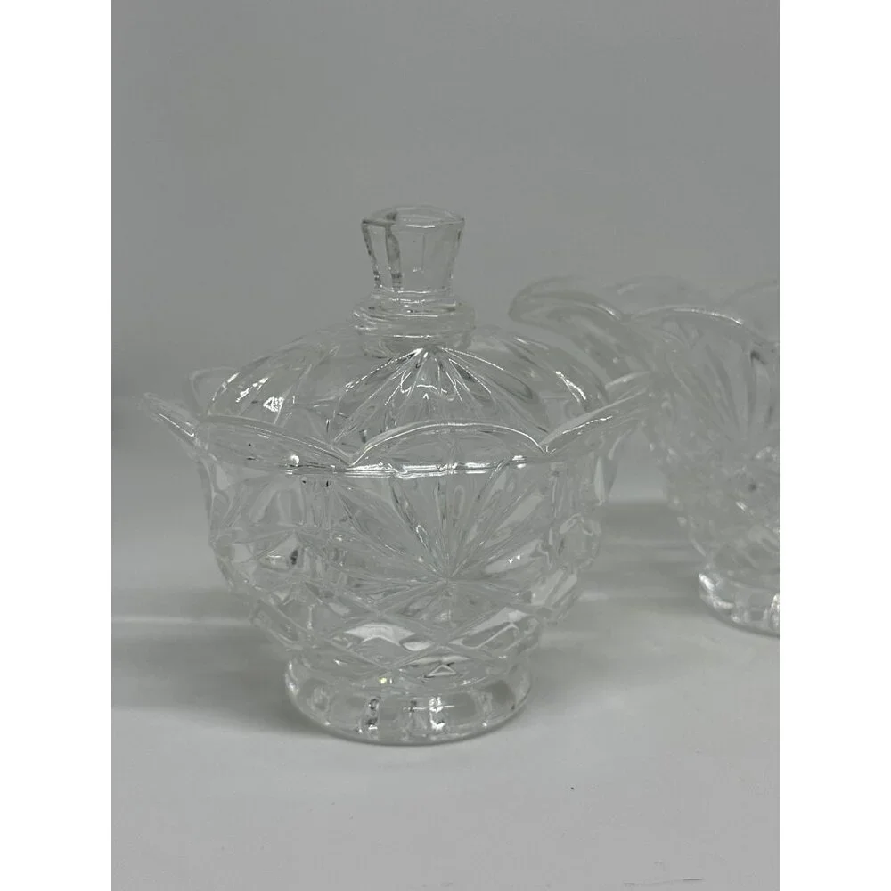 VTG Clear Cut Glass Sugar & Creamer Set | Scalloped Edge Pressed Crystal 4.5